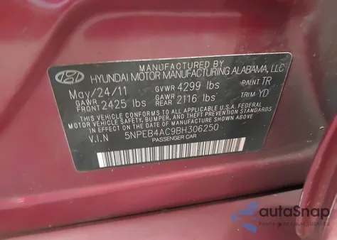 2011 Hyundai Sonata Gls z USA, uszkodzony, nr VIN 5NPEB4AC9BH306250